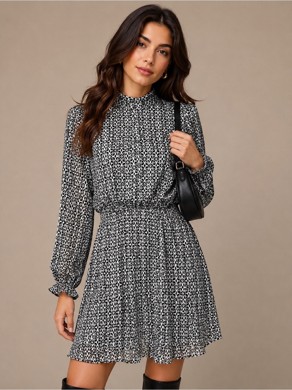 Lost + Wander Mira Mini Dress Large Black White Chiffon Long Sleeve Boho